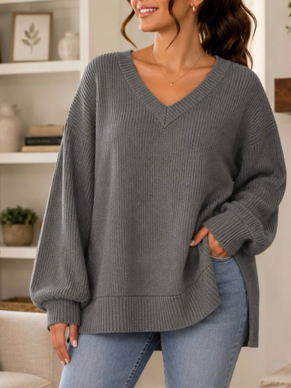 7.  Andrée By Unit NWT Oversized Heather Gray Ribbed V-Neck Sweater Size Small